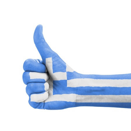 Hand with thumb up, Greece flag painted as symbol of excellence, achievement, good - isolated on white backgroundの写真素材