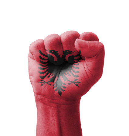Fist of Albania flag painted, multi purpose concept - isolated on white backgroundの写真素材