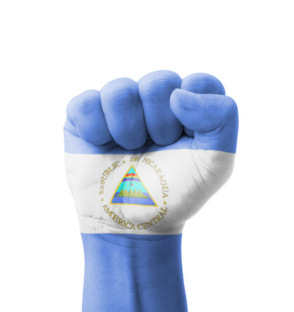 Fist of Nicaragua flag painted, multi purpose concept - isolated on white backgroundの写真素材