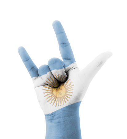 Hand making I love you sign, Argentina flag painted, multi purpose concept - isolated on white backgroundの写真素材