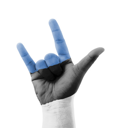 Hand making I love you sign, Estonia flag painted, multi purpose concept - isolated on white backgroundの写真素材