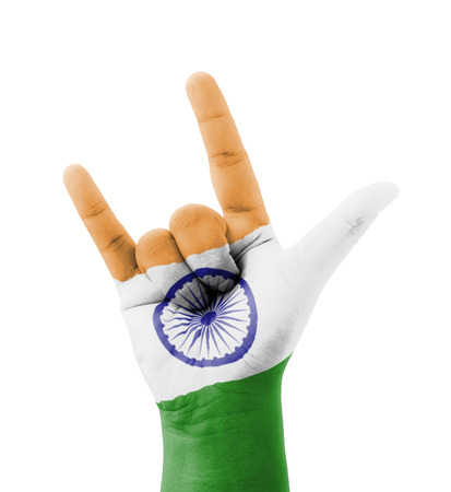 Hand making I love you sign, India flag painted, multi purpose concept - isolated on white backgroundの写真素材