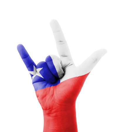 Hand making I love you sign, Chile flag painted, multi purpose concept - isolated on white backgroundの写真素材