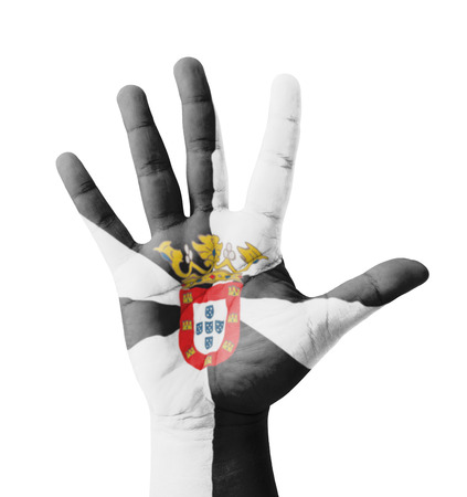 Open hand raised, multi purpose concept, Ceuta flag painted - isolated on white backgroundの写真素材