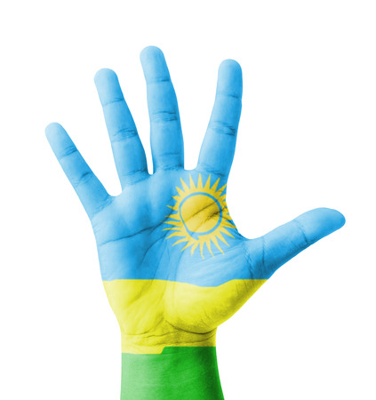 Open hand raised, multi purpose concept, Rwanda flag painted - isolated on white backgroundの写真素材