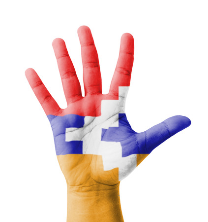 Open hand raised, multi purpose concept, Nagorno-Karabakh flag painted - isolated on white backgroundの写真素材