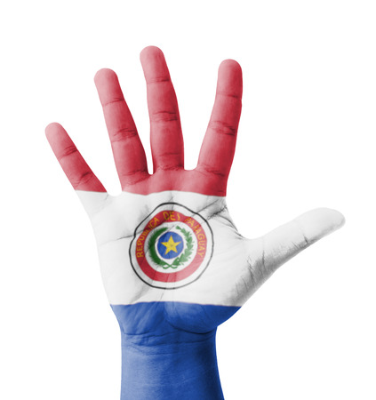 Open hand raised, multi purpose concept, Paraguay flag painted - isolated on white backgroundの写真素材