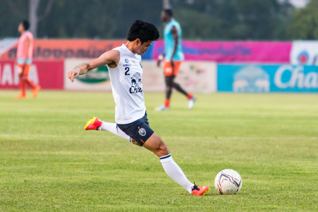 SISAKET THAILAND-October 15: Theerathon Bunmathan of Buriram Utd. in action during a training ahead Thai Premier League between Sisaket FC and Buriram Utd at Sri Nakhon Lamduan Stadium on October 15,2014,Thailandのeditorial素材
