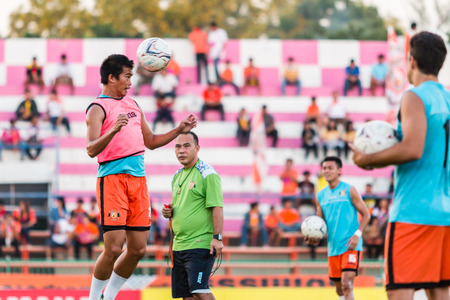 SISAKET THAILAND-OCTOBER 29: Komkrit Camsokchuerk of Sisaket FC. in action during a training ahead Thai Premier League between Sisaket FC and Army Utd. at Sri Nakhon Lamduan Stadium on October 29,2014,Thailandのeditorial素材