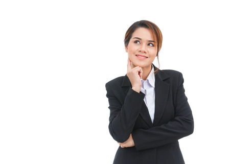 Asian business woman thinking isolated on white backgroundの写真素材