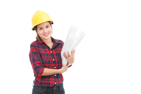 Asian engineer woman with blueprints isolated on white backgroundの写真素材