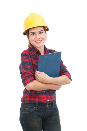 Asian engineer woman with clipboard isolated on white backgroundの写真素材