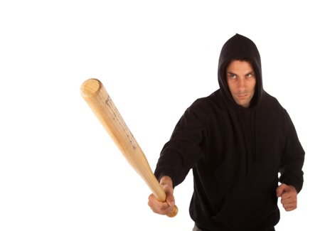 Hooligan with baseball bat isolated on white. Focus on bat