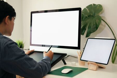 Web designer, UX UI designer designing mobile application user interface. Creative planning...