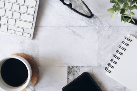 Topview flat lay of working table with office stationary. Modern and comfortable working desk...