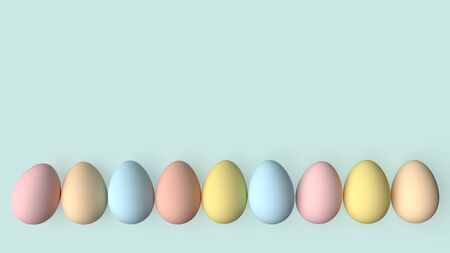 Easter eggs painted in pastel colors on a pastel green  background. Easter background concept- 3d illustration.の写真素材