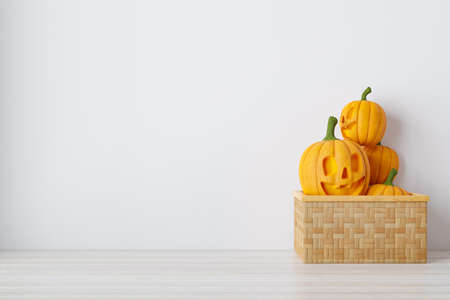Happy halloween holiday concept. Halloween background with Jack O'Lantern and pumpkinsの写真素材