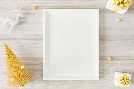 Mockup of postcard or poster photo frame with christmas decoration. 3d rendered