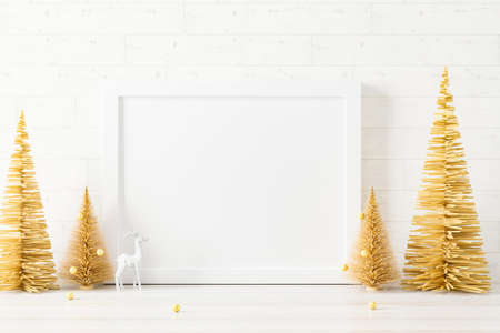 Mockup of postcard or poster photo frame with christmas decoration. 3d rendered