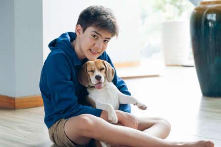 Child Playing With His Pet Dog At Home.の写真素材