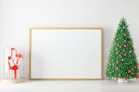 Mockup poster photo frame with christmas decoration. 3D rendered.の写真素材