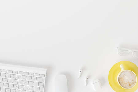 Topview of desktop white desk,working space,working background.の写真素材