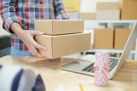 Online small business owner. Young startup entrepreneur online small business owner working at home,...