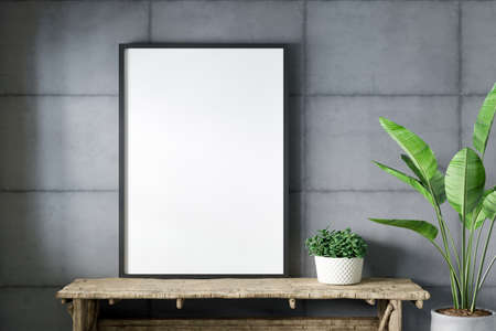 Blank empty picture frame mockup on gray cement wall.