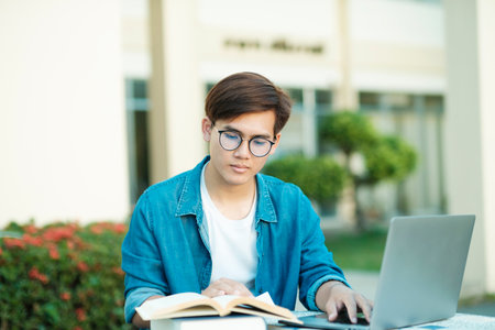 Young male college student with eyeglasses and in casual clothings sitting outdoor to study and read books using laptop for school project and research. Education and E-Learning concept.の写真素材