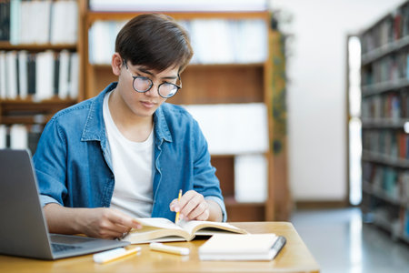 Young male university college student wearing eyeglasses and in casual cloths studying, reading, and writing down notes using laptop on desk at library for school project or exam preparation. E-Learning and Education concept.の写真素材