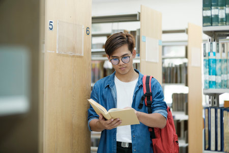 Young male student in casual outfit with backpack standing, reading or choosing books to read at...