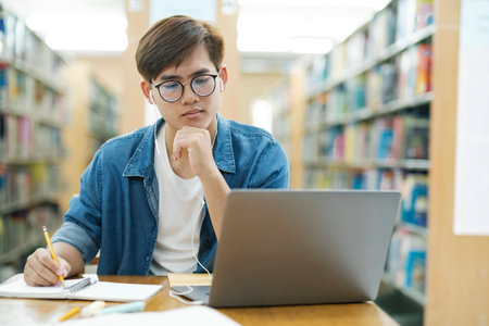 Young male college student wearing eyeglasses and in casual cloths sitting at desk studying, reading book, thinking hard, and writing down notes using laptop wearing headphones at library for research or school project. E-Learning concept.の写真素材