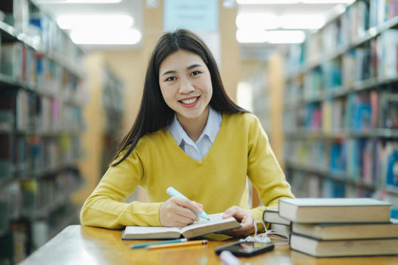 Young female college highschool student in casual cloths sitting at desk studying, reading books, and highlighting alone at library for research or school project looking at camera. E-Learning Education Library concept.の写真素材