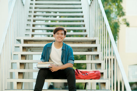 Young male college student in casual clothings looking at camera, holding books, and sitting outdoor on stairs to study and read books preparing for school project and research. Education concept.の写真素材