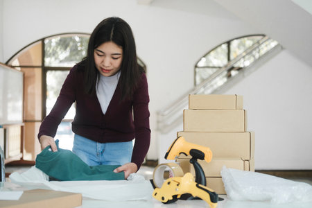 Businesswoman folding clothes for online order.の写真素材