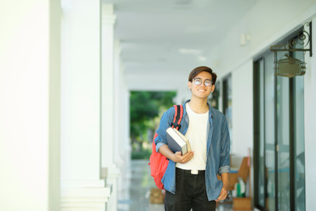 Student standing outdoor and holding books.の写真素材