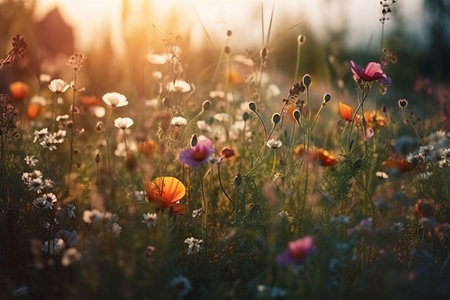 The scenery of the vivid poppies field under the sunrise are so beautiful. These flower are reflected to our life on earth.の素材
