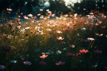 The scenery of the vivid poppies field under the sunrise are so beautiful. These flower are reflected to our life on earth.の素材