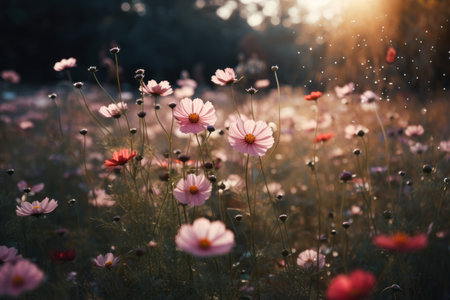 The scenery of the vivid poppies field under the sunrise are so beautiful. These flower are reflected to our life on earth.の素材