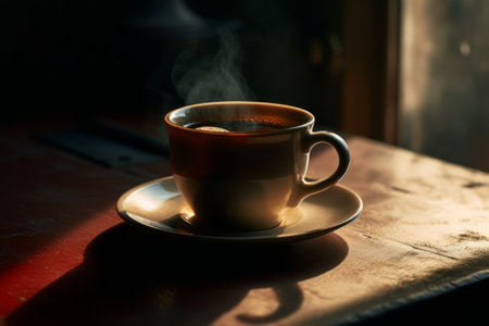 A hot black coffee in a cup on wooden table in the morning provide.の写真素材