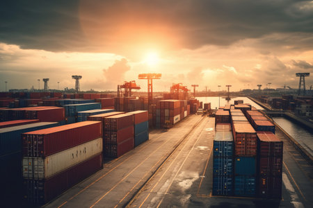 The row of stacked containers cargo are shipping in logistic transportation industry is freight trucks to import and export process. Generative AIの素材