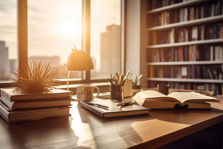 The minimal home library with bookshelves and reading corner. Generative AIの素材