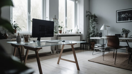 A minimal home with working room interior design have a computer mockup and accessories on the desk. Generative AIの素材