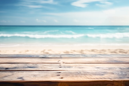 Top of wood table with seascape, blur calm sea and sky at tropical beach background. Empty table ready for your product display montage.の写真素材