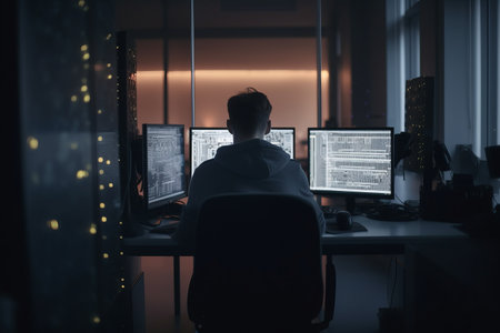 Back view of programmer coding technologies on computer in office. Program development and technology concept. Generative AIの素材