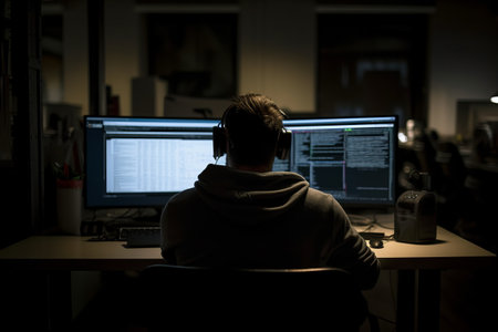 Back view of programmer coding technologies on computer in office. Program development and technology concept. Generative AIの素材
