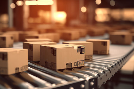 The cardboard boxes are on conveyor rollers inside a warehouse is ready to be shipping of distribution. Generative AIの素材