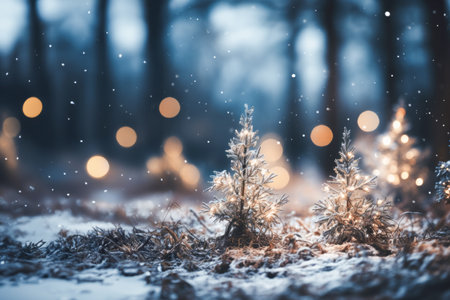 Christmas trees and bokeh are abundant in this close-up of a snowy field of holiday decorations. Christmas trees in a snowy field, complemented by bokeh lights.の素材