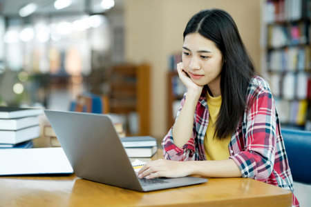 Young university student using laptop for online learning, searching and learning at library.