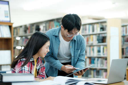Young students campus helps friend catching up and learning.の写真素材